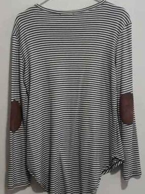 Cherish Black & White Striped Long Sleeve Top with Brown Elbow Patches
